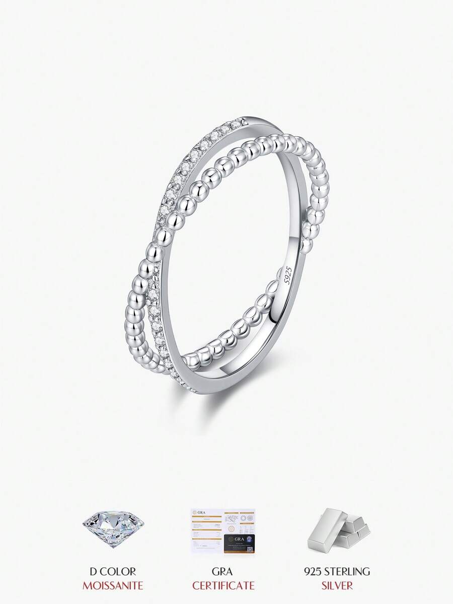 MODIAN D Color Moissanite Ring 925 Sterling Silver Double Band Beaded & Pave Setting Lab Diamond Finger Rings For Women Jewelry - Silver - View 1