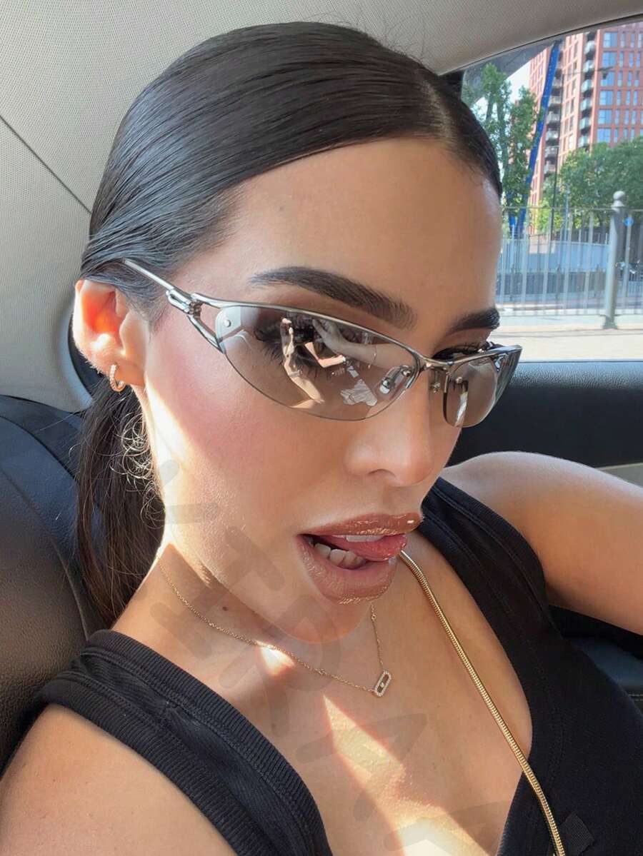 1pc Y2K Frameless Cut Edge Mercury Color Cat Eye Women's Fashion Glasses, Summer Vacation Travel Beach Accessory, Street Style Glasses