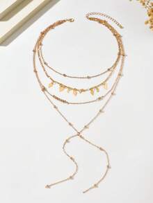 1pc Hip Hop Ins Minimalist Multi-Layer Beaded Chain Geometric Rhombus Sequin Pendant Y-Shaped Necklace Suitable For Women's Daily, Vacation, Party Wear - Gold - View 4