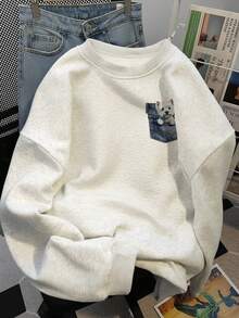 Cute Cartoon West Highland Terrier Print Gray Crew Neck Sweatshirt, Casual Versatile Loose Fit Base Layer Autumn Top - White Grey - View 3