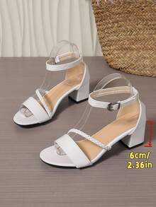Low Heel Sandals For Teenagers, Round Toe Open Toe Woven High Heel Shoes, Spring/Summer New Style, Beautiful One-Strap Buckle Back Strap Versatile Sandals, Small Square Heel Sandals - White - View 5
