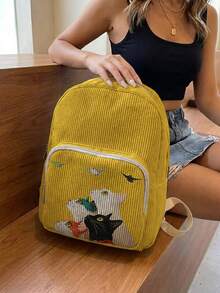 1 Piece Backpack, Women's Mini Backpack, Corduroy Girl School Bag, Travel Storage Bag, Kitten Printed Design, Large‑Capacity Foldable Easy‑To‑Store Bag, Lightweight & Pressure‑Relieving, Multi‑Pocket Layered Design With Zipper Closure - Four Little Cats 3334073 - View 4