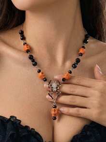 Halloween Spider Pendant Necklace - Retro Orange And Black Bead Collar Chain - Party Decoration For Holiday Events - Multicolor - View 2