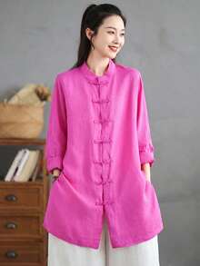 Women's Chinese Style Frog Button Linen Shirt, Mandarin Collar Long Sleeve Loose Mid Length Tunic Top With Pockets - Hot Pink - View 1
