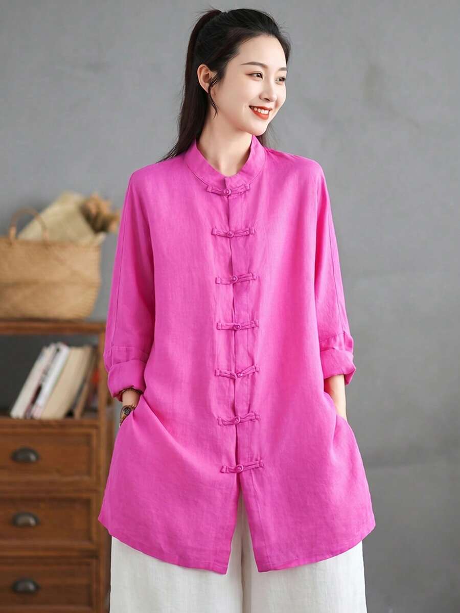 Women's Chinese Style Frog Button Linen Shirt, Mandarin Collar Long Sleeve Loose Mid Length Tunic Top With Pockets - Hot Pink - View 1