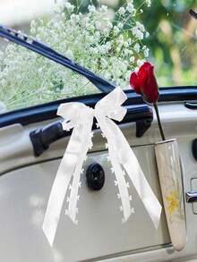 White Lace Bow Ribbons, Wedding Car Rearview Mirror Chair Back Decoration Bow Ribbons, DIY Gift Flower Packaging Heart Ribbons Bow, Suitable For Wedding Parties And Home Decoration - White - View 2