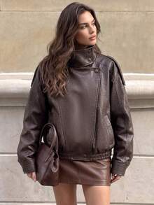 Women's Long Sleeve Stand Collar Faux Leather Jacket - Dark Brown - View 4