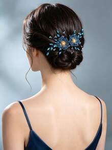 3pcs Bohemian Style Purple-Blue Gradient Floral Hair Combs With Rhinestone Flowers And Pearls, Bridal Back Head Hair Accessories - Multicolor - View 2