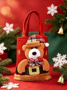 1pc Christmas Gift Tote Bag, Linen Blend Fabric Gift Bag, Christmas Cartoon Applique Embroidered Handbag, Holiday Gift Storage Bag, Christmas Party Favor Packaging Accessory, Santa Claus Snowman Reindeer Bear Pattern - 002-christmas Tote Bag - View 7