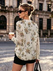 Women's Autumn Vintage Floral Print V-Neck Knit Sweater, Hollow Long Sleeve Design, Eye-Catching Outfit For Outings - Multicolor - View 4