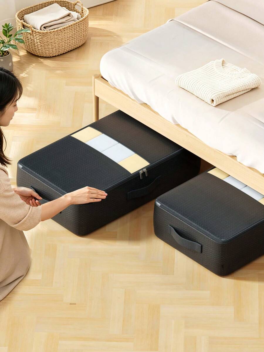 1件裝黑色床底收納袋,可移動大容量收納盒,適用於衣櫃、旅行、學校,可折疊收納袋,大容量衣物、羽絨外套、牛仔褲收納袋,多功能毯子被褥防塵袋 - 黑色 - 查看 1