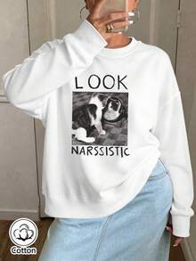 Women's Loose Fit Crew Neck Sweatshirt With Cat Print & 'Look Narssistic' Text, Casual Pullover, Breathable & Comfy For Spring/Autumn Daily Wear, - White - View 1