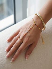 2pcsMulticolor Beaded Finger Linked Hand Chain & White Shell Inlaid Bangle Set, Bohemian Daily Outfit Jewelry Set - Gold - View 8