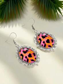 Y2K Pink & Orange Leopard Print Pendant Earrings, Vintage Lace Oval Frame Animal Print Teardrop Earrings, Eye-Catching Party Jewelry For Women - Silver - View 5