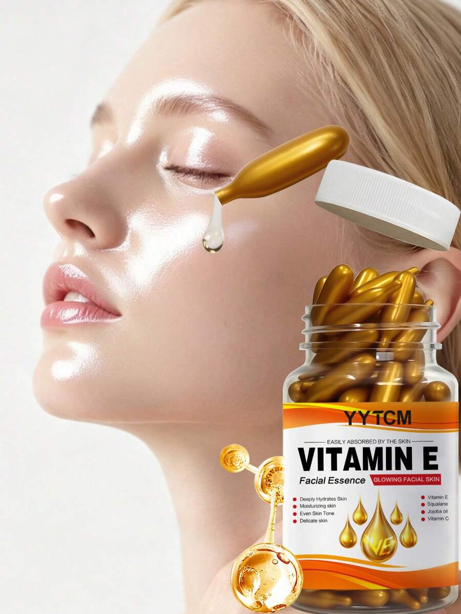 YYTCM 維生素E臉部精華膠囊，深層保濕補水使肌膚光滑，含植物萃取角鯊烷與維生素C抗氧化亮白臉部精華膠囊，18/48/60/90/120/180/300/450顆，日常臉部護膚
