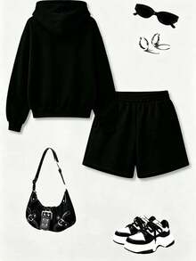 Unisex Plus Size Teen Hoodie Zip-Up Sweatshirt + Casual Shorts 2-Piece Set, Simple Graphic Print, Autumn/Winter Outfit, Comfortable Skin-Friendly Top - Black - View 2