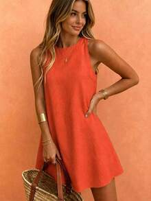 Starfish Women's Fashionable Versatile Minimalist Elegant Khaki Round Neck Sleeveless Dress, Suitable For Commuting In Spring And Summer - Orange - View 9