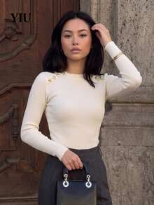 YIU Elegant Women's Autumn Ribbed Knit Top, Long Sleeve Round Neck High Elasticity Top With Gold Shoulder Decoration - White - View 7