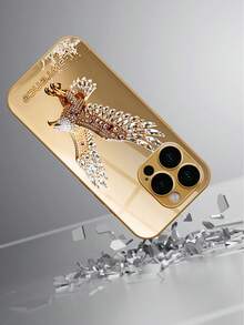 1pc Customized Name Printed Gold Foil Background Rhinestone Studded Eagle Wings Pattern High Definition Electroplated Gold Glass Phone Case Compatible With Apple Duo/18ProMax/17ProMax/16Pro/15/14Plus/13Pro/12ProMax/11/XsMax/8/7/6Plus Phone Accessories - Gold - View 3