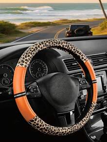 Leopard Print PU Leather Rhinestone Inlaid Patchwork Car Steering Wheel Cover, Non-Slip Wear-Resistant Inner Ring Grip, Fits 15inch Car, Unisex, Car Interior Accessory - Multicolor - View 16