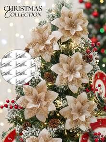 1/10/20/30pcs Glitter Poinsettia Christmas Tree Decorations - Artificial Poinsettia Flowers With Clips, Suitable For Holiday Wreath Decor, Christmas And New Year Holiday Decorations - Champagne - View 4