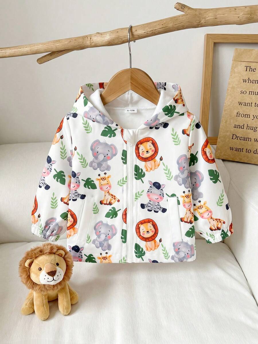 Infant Toddler Single Piece Hooded Zip-Up Jacket, Playful Jungle Lion Elephant Giraffe All-Over Print, Smooth Lightweight Fabric, Outdoor Travel, Spring Autumn - Multicolor - View 1