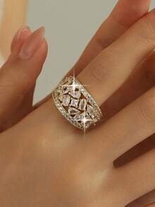 1pc Elegant Geometric Cubic Zirconia Stone Rings For Women, Suitable For Wedding, Engagement, Anniversary Party Wear, Valentine's Day Gift - Yellow Gold - View 3