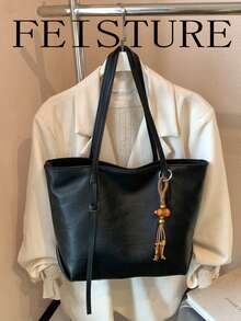 1pc Vintage Large Capacity Commuter Tote Bag, Zipper Closure, Pendant Decoration, Suitable For Daily Outing, Dating, Commuting - Black - View 7