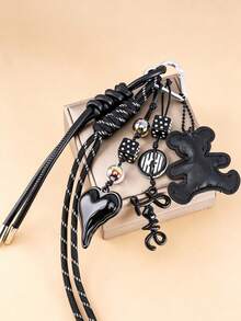 Black Bear Heart-Shaped Bag Charm Keychain, Bag Decoration, Y2K Cool Aesthetic Dice Pendant Woven Rope Key Ring, Women's Handbag Accessory, Holiday Gift - Multicolor - View 4