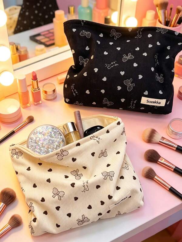3/1pc Large Capacity Corduroy Makeup Bag, Portable Cosmetic Storage Bag With Bow & Heart Print, Women's Toiletry Bag, Fashion Zipper Makeup Organizer, Skincare Accessories Travel Portable Makeup Storage Bag, Suitable For Daily Use & Vacation