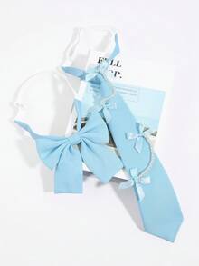 1PC Women's Bowknot + Tie Set, Minimalist Versatile School Style JK Uniform Shirt Bowknot Collar Accessory 2 Pieces Set - Blue - Bow JK - View 9