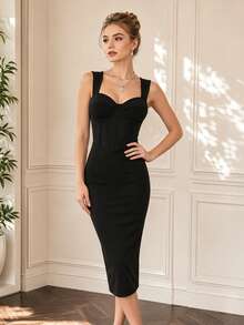 RAHQ Black Wide Strap Cinched Waist Fitted Midi Dress, Romantic Breathable Summer Vacation Dress, Suitable For Beach Brunch And Date Night - Black - View 3