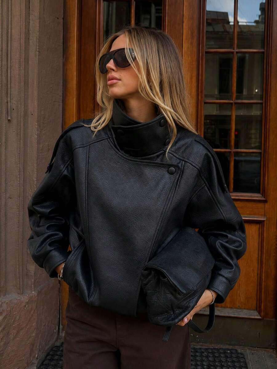 Vintage Oversized High Neck Faux Leather Jacket For Women, Casual Street Style Autumn/Winter Outerwear Black Fall - Black - View 1