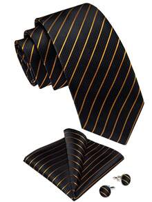 5Pcs Men Black Gold Striped Tie Pocket Square Cufflinks Boutonniere Tie Clip Set, Random Cufflink Pattern, Suit Accessories For Wedding - Black - View 5