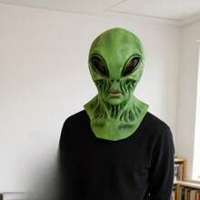 1pc Realistic Green ET Alien Mask, Full Neck Latex Head Mask, Suitable For Halloween Costume Party - Multicolor - View 2