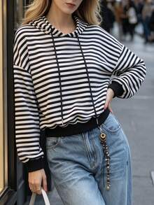 Women Fall Elegant Drawstring Hoodie, Striped Print Long Sleeve Cropped Loose Fit Holiday Festival Daily Tops - Black and White - View 6