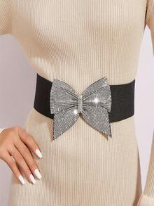 1pc Solid Color Elastic Waist Belt With Rhinestone Bow, Wide Waistband For Party, Wedding, Dress, Corset, Suitable For Women, Shiny, Versatile, Fashionable, Minimalist, Suitable For Daily Wear, Commute, Christmas Gift, All Year Round - Black - View 5