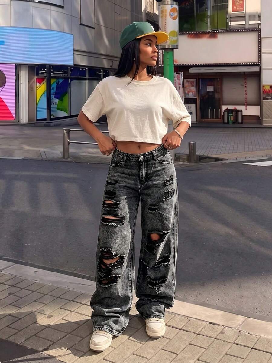 Y2K Rave Vintage High Waist Side Pocket Slit Straight Leg Jeans Casual Black Spring Fall