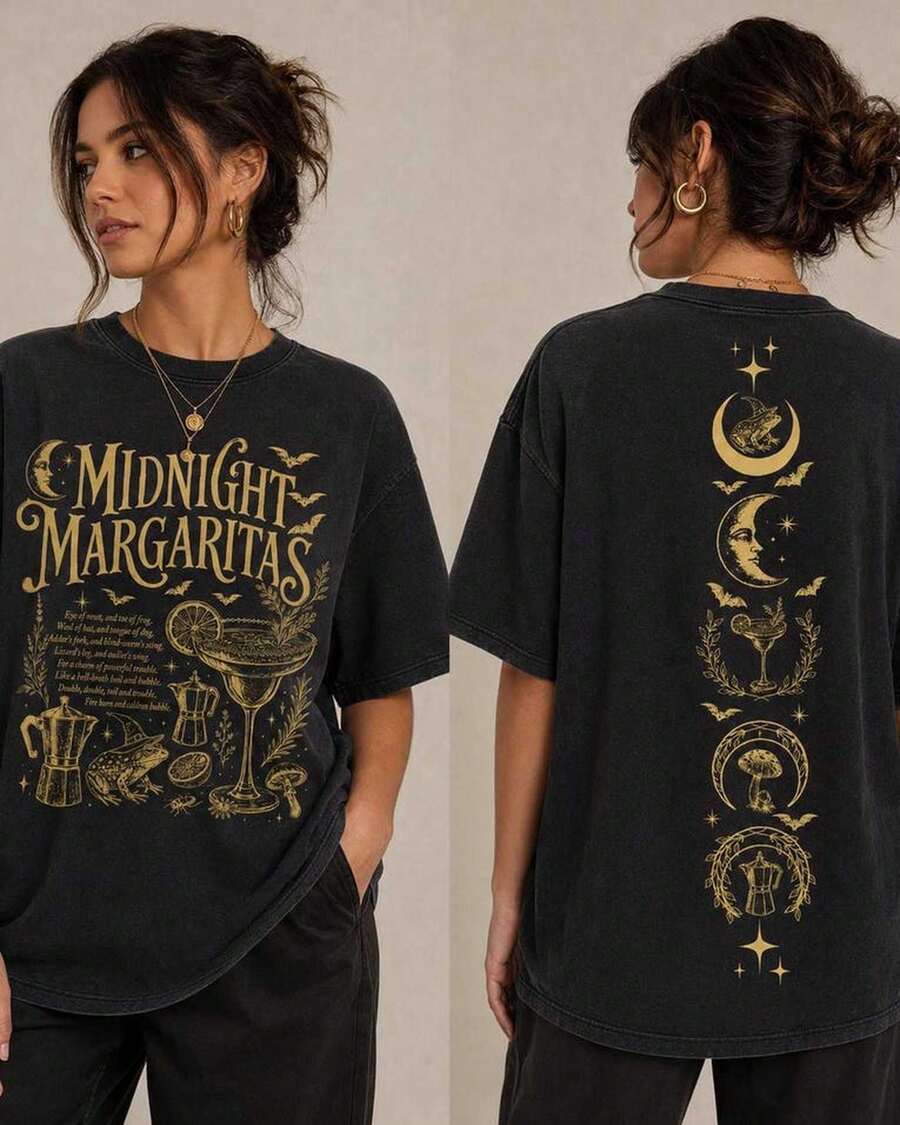 Midnight Margaritas Shirt, Witchy Halloween Tee - Black - View 1