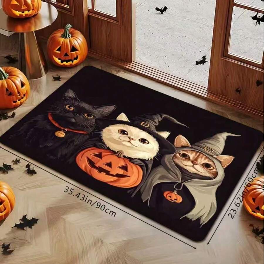 1pc Halloween Cute Cat Doormat, Witch Cat Pumpkin Door Mat, Creative Holiday Decor Foot Mat, Soft And Absorbent Bathroom Anti-Slip Mat, Halloween Kitchen Home Decor Rug, Suitable For Indoor And Outdoor Porch Placement - C - View 1