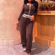 BADDIE REALM Women 2pcs Set Front Zipper Ribbed Knit Preppy Sporty Casual Streetwear Everyday Basic - Brown - View 5