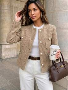 Women's Autumn/Winter Off-Shoulder Cropped Jacket, Elegant Minimalist Fashion Design With Pockets, Tweed Fringe Old Money Style Jacket Coat, Suitable For Daily Wear, Commuting, Street, Dating, Vintage Tea Party, Garden, College Style - Khaki - View 2