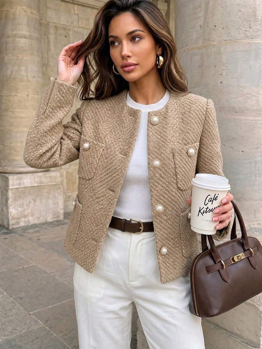 Women's Autumn/Winter Off-Shoulder Cropped Jacket, Elegant Minimalist Fashion Design With Pockets, Tweed Fringe Old Money Style Jacket Coat, Suitable For Daily Wear, Commuting, Street, Dating, Vintage Tea Party, Garden, College Style