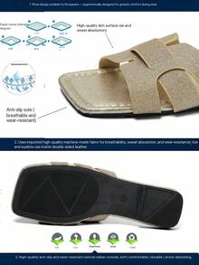 European & American Vintage Solid Color Square Toe Slip-On Sandals, Sky Blue Glitter Gold Trim, Versatile Flat Bottom Women's Sandals, Suitable For Daily Commute And Indoor/Outdoor Wear - Gretel Gold - View 3