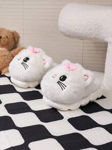 1 Pair Girls Comfortable Fashionable Lightweight Cute Kitten Plush Lined Slippers, Autumn/Winter - White - View 2