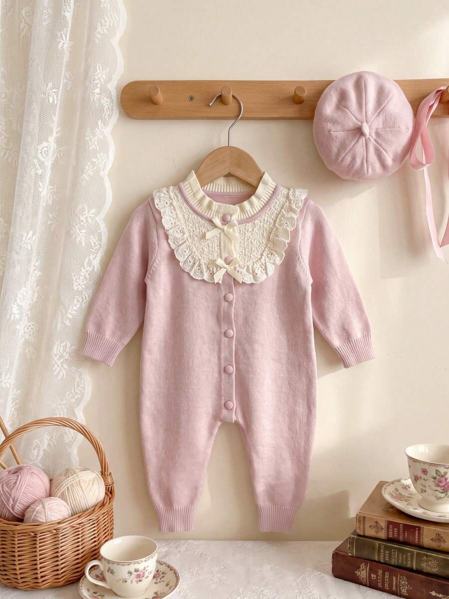 Infant Ins Gentle Taro Purple Knitted Romper, Hollow Lace Ruffle Edge Double Bow Long Sleeve Jumpsuit - Mauve Purple - View 1