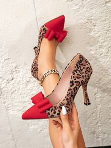 Women Elegant Leopard Print Bow Decor Color Block High Heel Pumps, Pointed Toe Stiletto Heels For Evening Party, Fashion Autumn Valentines, Elegant - Multicolor - View 2