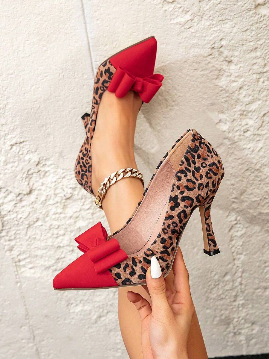 Women Elegant Leopard Print Bow Decor Color Block High Heel Pumps, Pointed Toe Stiletto Heels For Evening Party, Fashion Autumn Valentines, Elegant