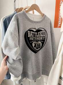 American Vintage Shield & Heart Multi-Layer English Print Crew Neck Sweatshirt, High Street Casual Drop Shoulder Long Sleeve Autumn Top - Light Grey - View 3