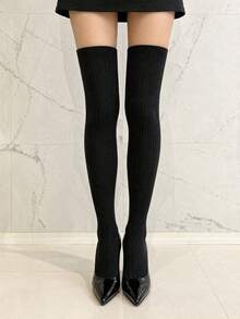 3 pares de calcetines altos de muslo acanalados de color sólido, suaves y elásticos, calcetines largos de invierno por encima de la rodilla para mujeres - Multicolor - Ver 5